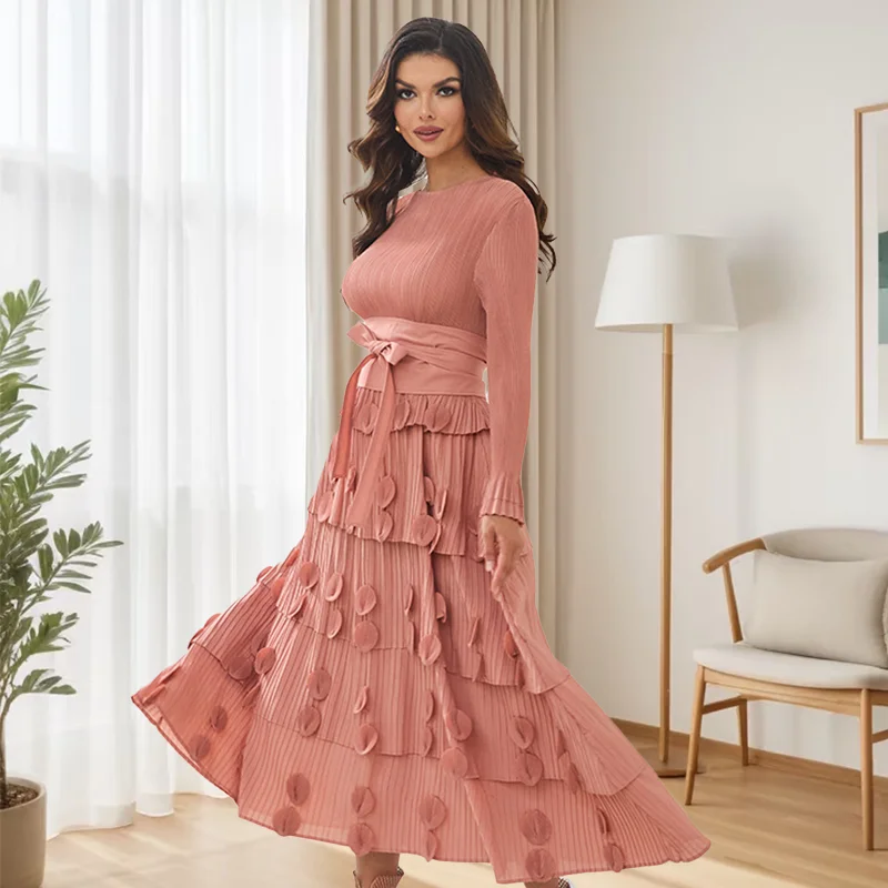 

Miyake Pleated Solid Color Dress Evening Dress Original Elegant Loose Plus Size 2025 Spring New Original Tie Long Pleated Skirt