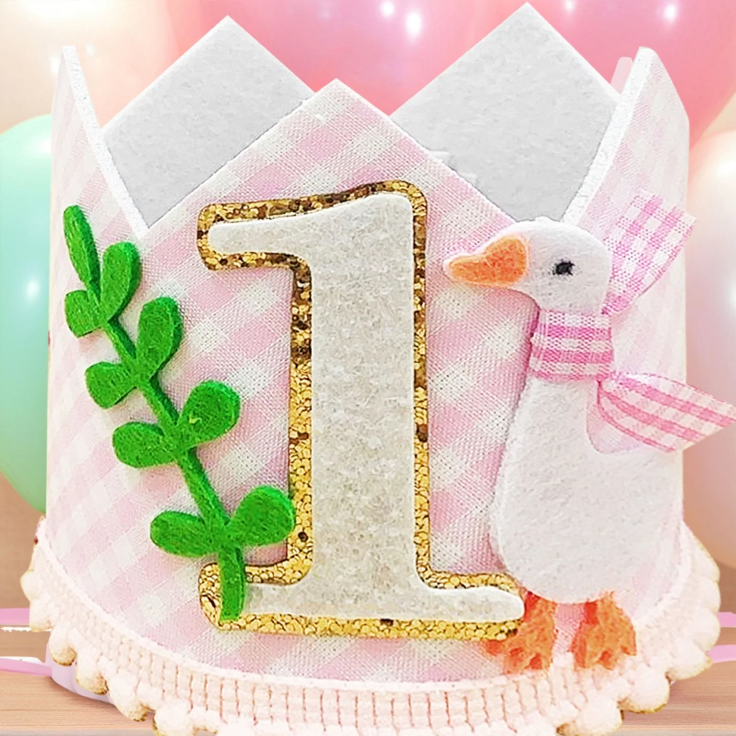 LaVenty Pink Goose 1. Geburtstagshut für Mädchen, eine alberne Gans, erste Geburtstagskrone, rosa Gingham-Partyhüte, Party-Foto-Requisiten