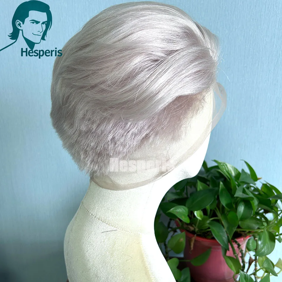 Hesperis pré estilo natural loira cheia do laço peruca masculina pré-corte prótese cabelo raspado corte perucas de renda para homens curto peruca loira