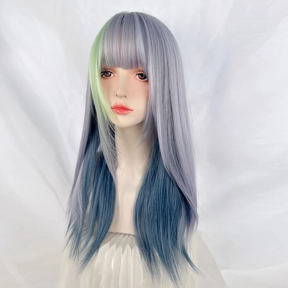 VICWIG Long Straight Women Ombre Blue Highlights Green Wig with Bangs Lolita Cosplay Fluffy Women Hair Wig for Daily Party