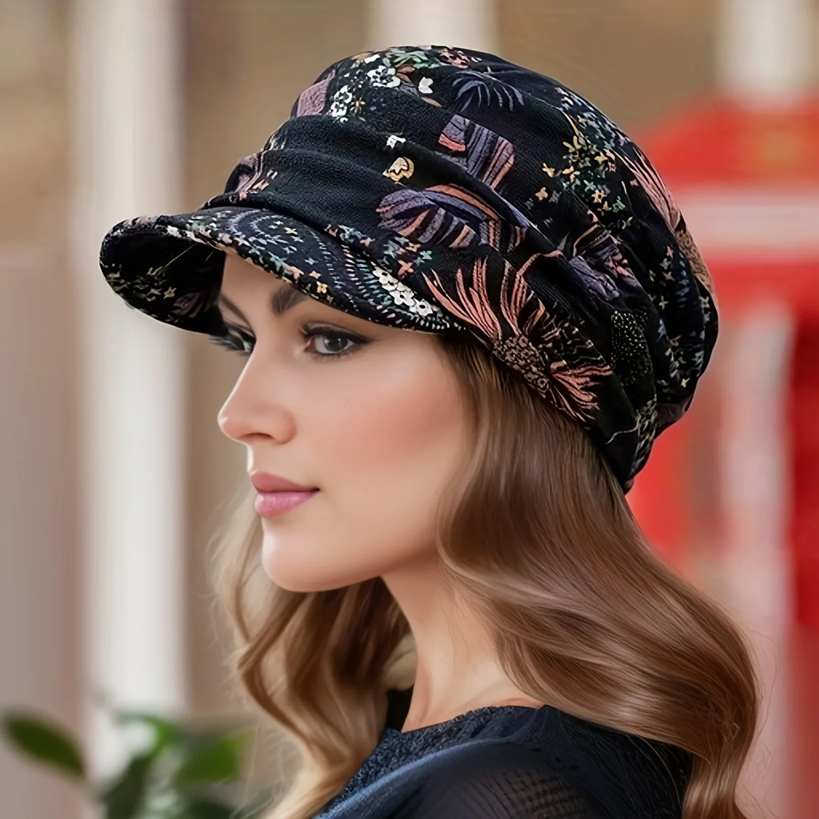 

Women's Foldable Winter Peaked Cap Floral Design Cold Resistant Hat with Ear Protection Soft Short Brim for Outdoor