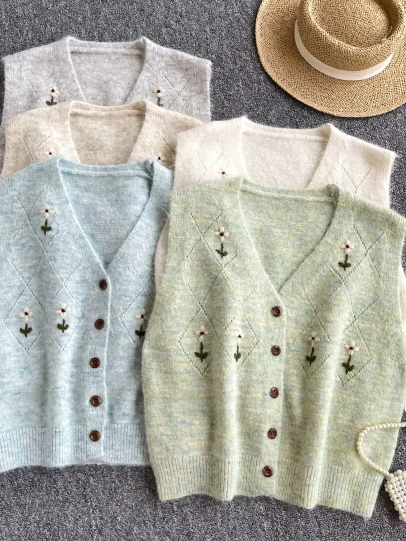 Floral Embroidery Outerwears Sweet Preppy Chalecos Mujeres Knitted Tops V-neck Single Breasted Ropa Autumn Vest Sweater