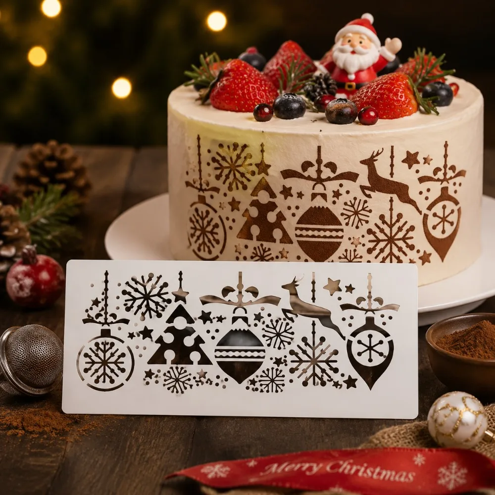 1‑Pack Food‑Grade PET Christmas Reindeer Snowflake Stencil, Hollow‑Out Baking Decor Template