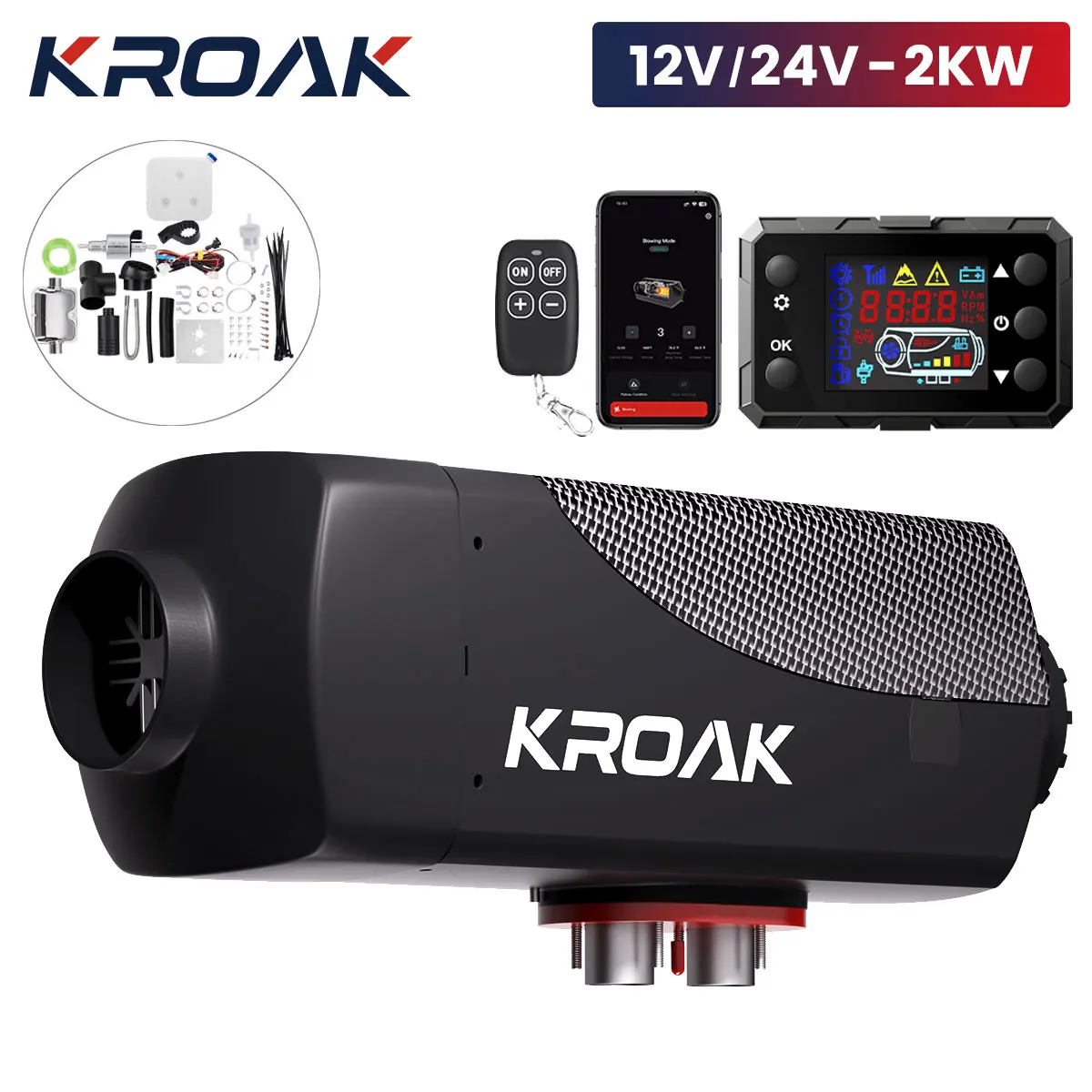 KROAK Diesel Heater 2KW 12V/24V Smart Car Parking Air Heater with bluetooth and Remote Control LCD Panel Suitable for Trucks