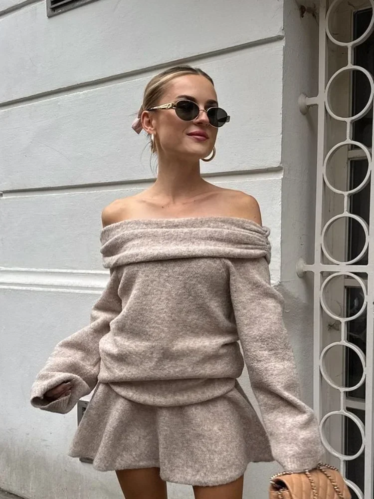 One Neck Off Shoulder Long Sleeved Women's Sweater Set Fashion Solid Color Cashmere Mini Skirt Suits Lady Chic Street Outfit