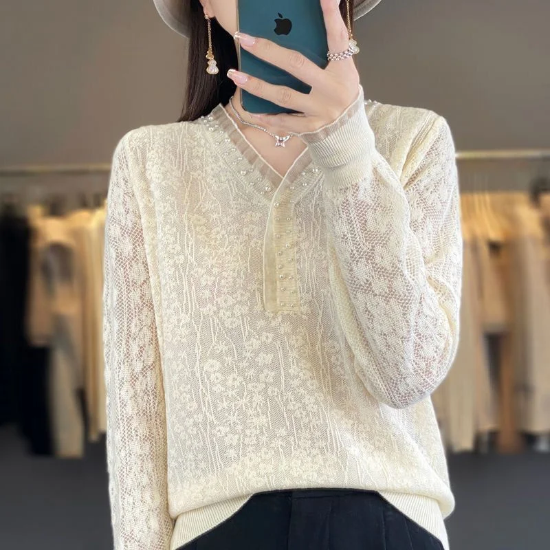 

Lace Edge Nail Beads Design Pullover Sweater Women Knitwear 2025 New Spring Autumn Winter Knitted Top Female Bottoming Shirt