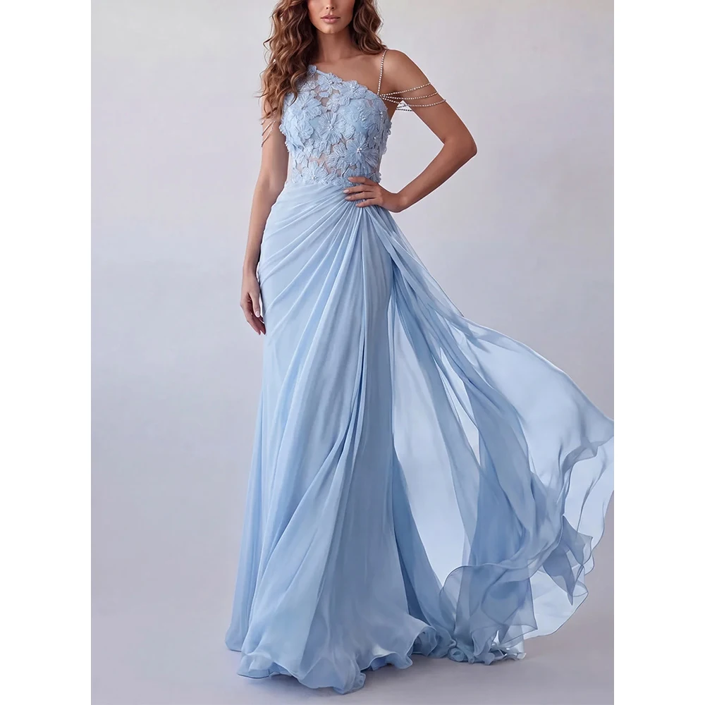 Customized One Shoulder Blue Sleeveless Flowers Beaded Elegant Dress Women for Wedding Party Vestidos Para Bodas Mujer Invitada