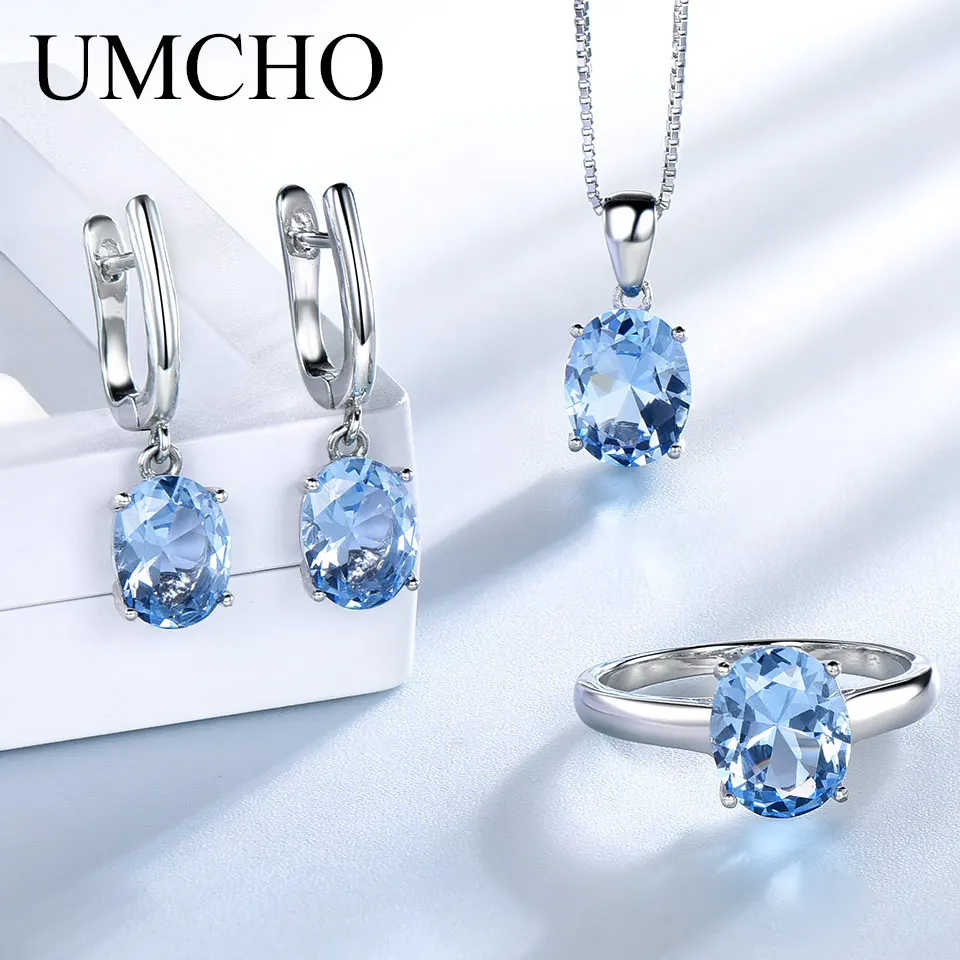 

UMCHO Real 925 Sterling Silver Pendants Necklace Rings Earrings Nano Topaz Wedding Jewelry Sets For Bride Women With Box Chain