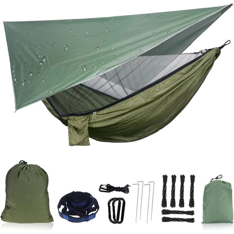 

Camping Hammock with Mosquito Net and Rain Fly Tarp,Portable Single Nylon Parachute Hammock Rainfly Set