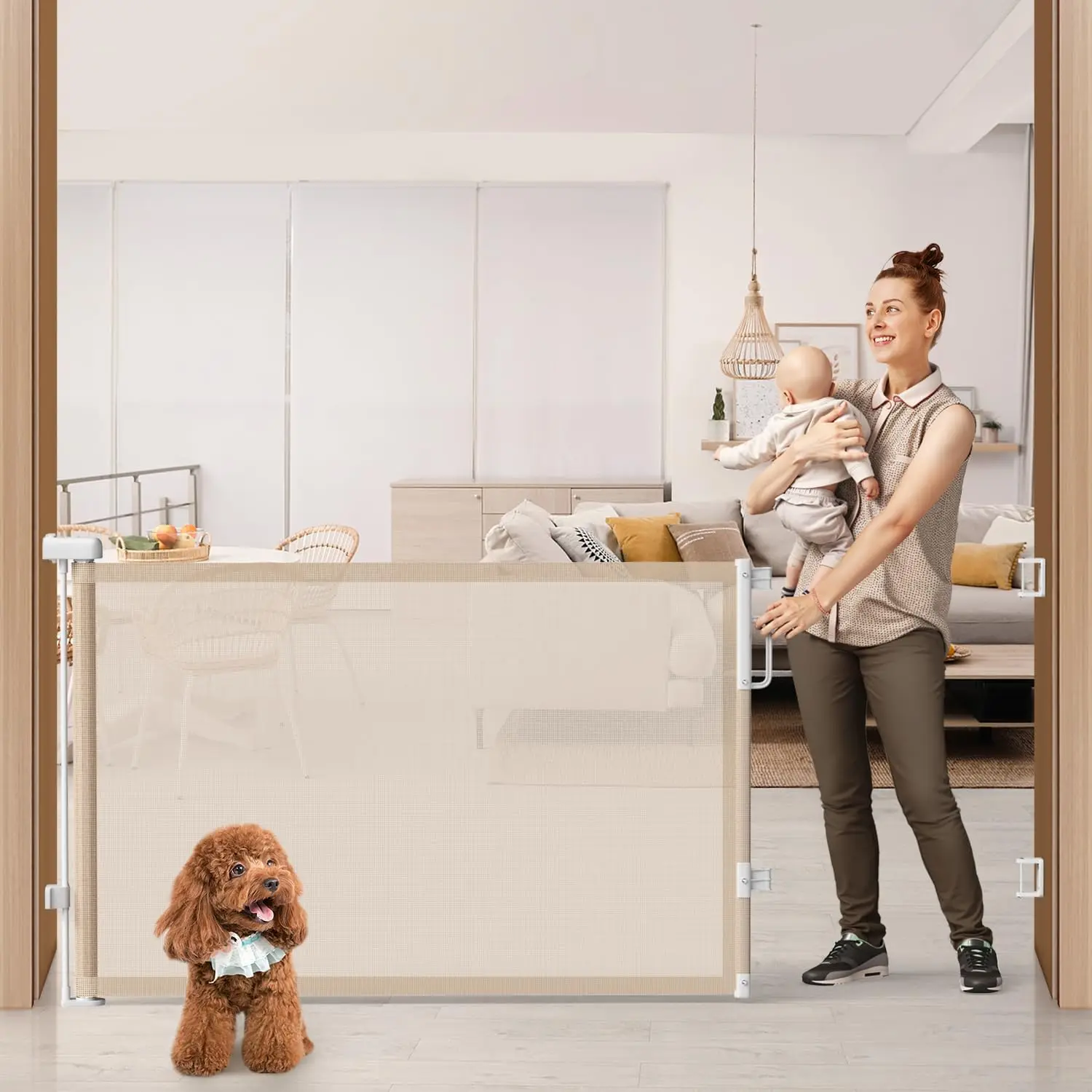 

76" Retractable Baby Gate Extra Wide, Mesh Dog Gate for Wide Openings, Indoor Outdoor Stair Gate, Child Pet Safety, Beige