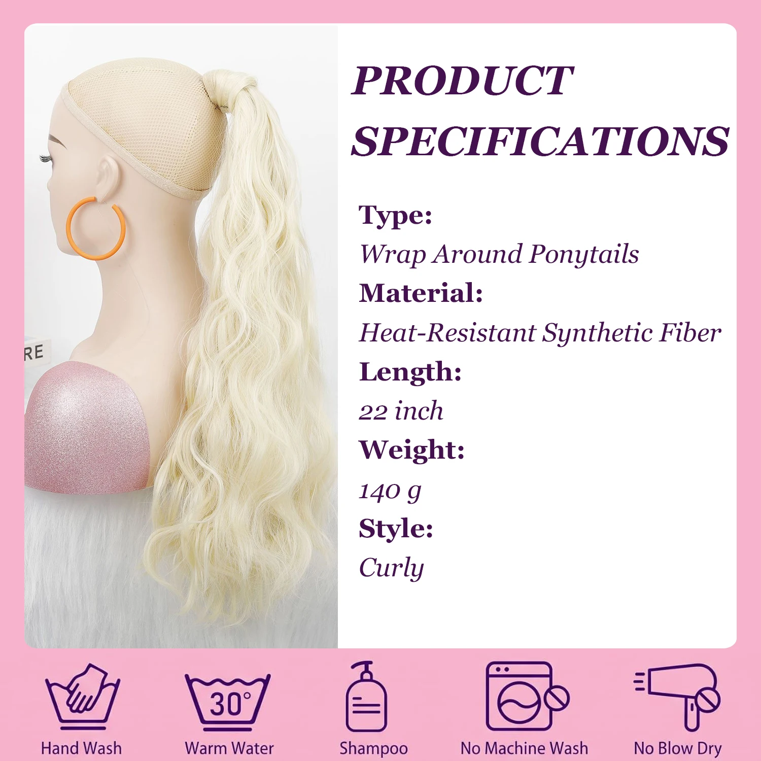 22 Inch Wrap Around Ponytail Hair Extension Curly Wavy Synthetic Ponytail Hairpiece Easy Wear Hair Extensions for Women Daily