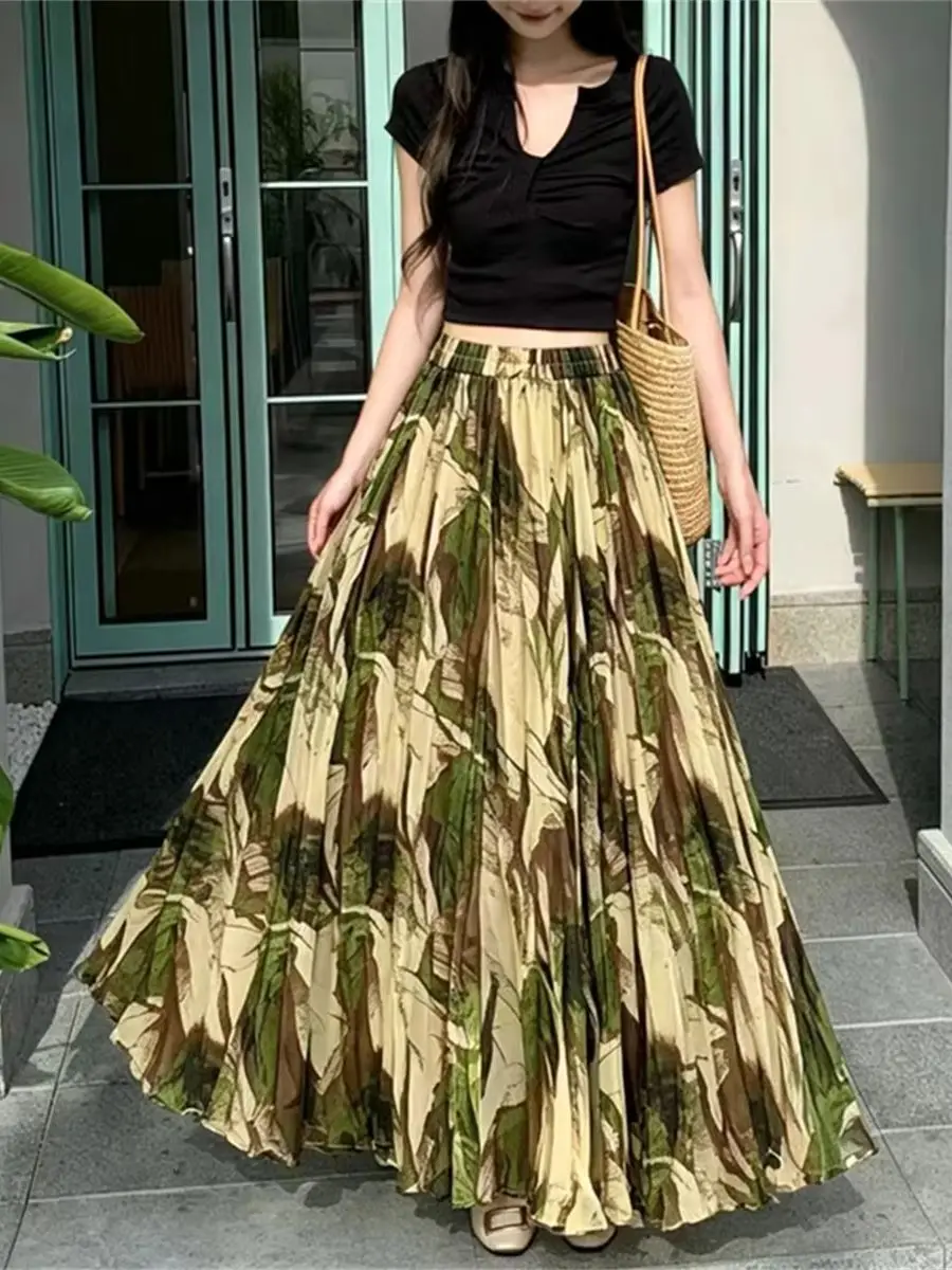 Elegant Irregular Floral Print Pocket Midi Skirt For Women Vintage High-Waisted Elegant Printed Pleated Skirts