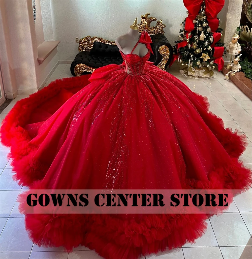 Red Puff Ruched Train Ball Gown Quinceanera Dress With Bow One Shoulder Beaded Appliques Sweet 15 Vestidos De 15 Años Customized image 5