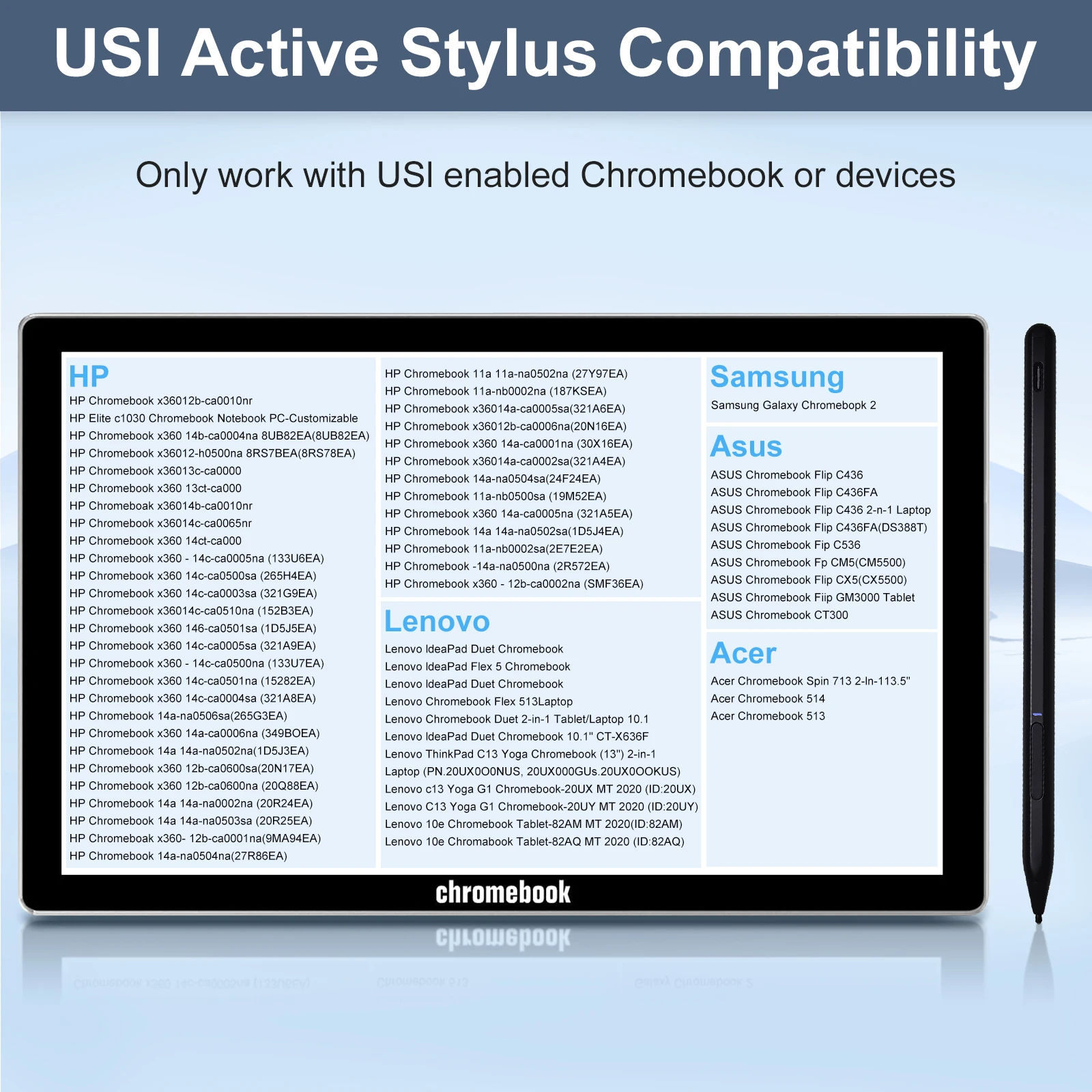 USI 2.0 Stylus Pen for Lenovo HP ASUS Acer Chromebook Laptop Tablet Rechargeable Stylus Pencil Palm Rejection 4096 Pressure