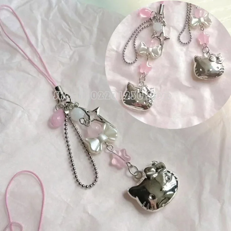 Kawaii Hello Kitty Phone Chain Sweet Girl Heart Transparent Butterfly Bow Phone Chain Cute Bag Pendant Small Gift