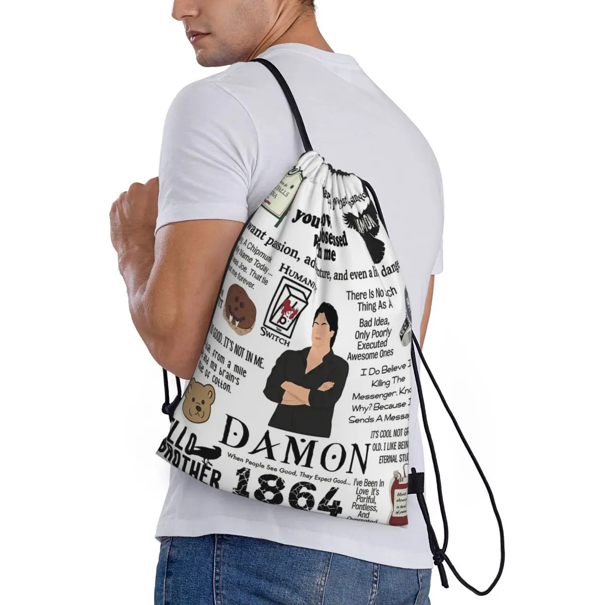 

The Vampire Diaries Damon Salvatore TV Series Backpacks Multi-function Drawstring Bags Sports Bag Book Bags for Man Woman School