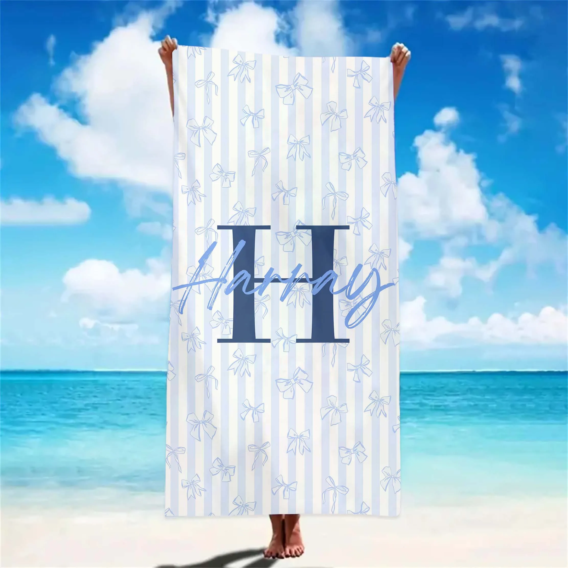 

Custom Name Beach Towel Striped Bow Microfiber Quick-Drying Beach Towel Personalized Bath Towel Gifts For Halloween Christmas
