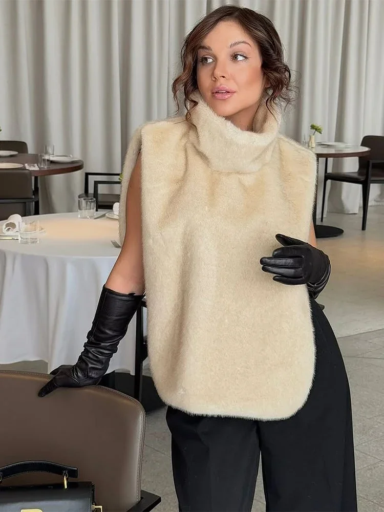 سترة نسائية غير رسمية من الفرو الصناعي أنيقة ذات ياقة عالية بدون أكمام معطف خصر فضفاض للسيدات موضة يومية 2025 سترات جديدة عالية الشارع