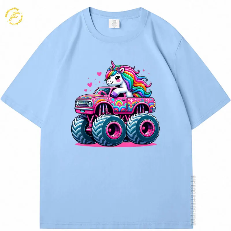 

Funny Cute Men T Shirt Unicorn Riding A Pink Monster Truck Oversized T-Shirt Luxury Brands Clothing Graphic Tee Short Sleeve