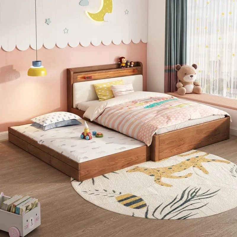 Nordic mother and child tow bed, double-layer all-solid wood 1.35m second bed with lamp, high and low bed with drawers nanny bed