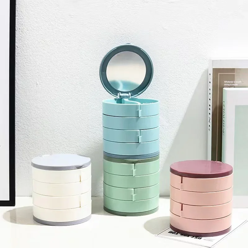 Rotating Four-layer Jewelry Box Necklace Earrings Ring Bracelet Storage Organizer Multilayer Compartment Storage Box with Mirror