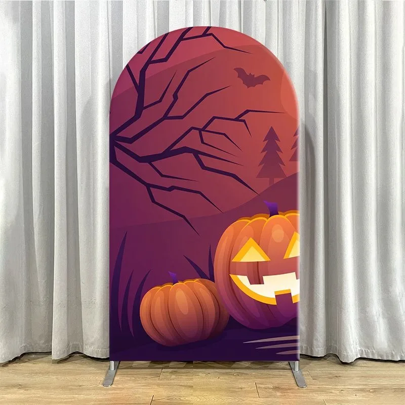 Elastic Double-layer Arch Backdrop Cover Halloween Pumpkin Castle Backdrop for Party Decorations Spooky Night Scene with Flying