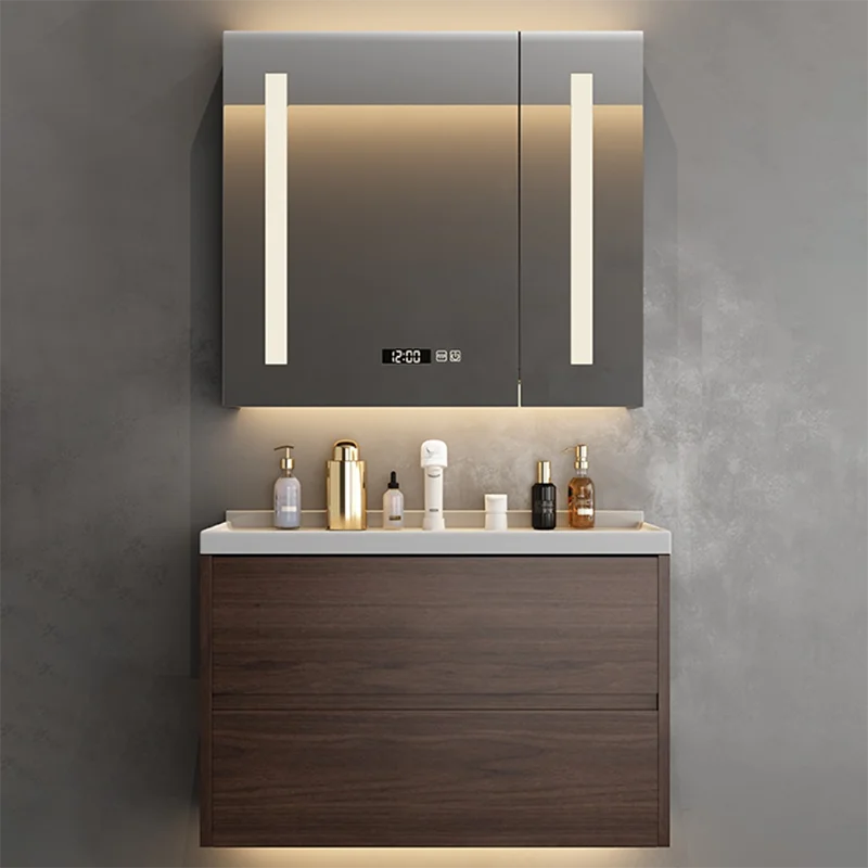 Modern Luxury Walnut Solid Wood Bathroom Cabinet Combination Facewash Basin Cabinet Integrated Ceramic Toilet Furniture YX50BC