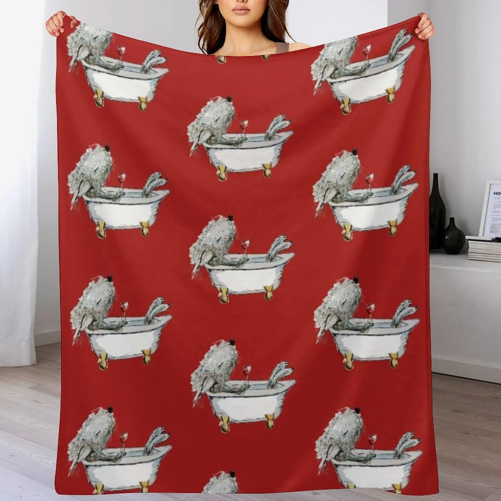 

Bedlington Terrier Dog in a Bathtub, Red Background Throw Blanket