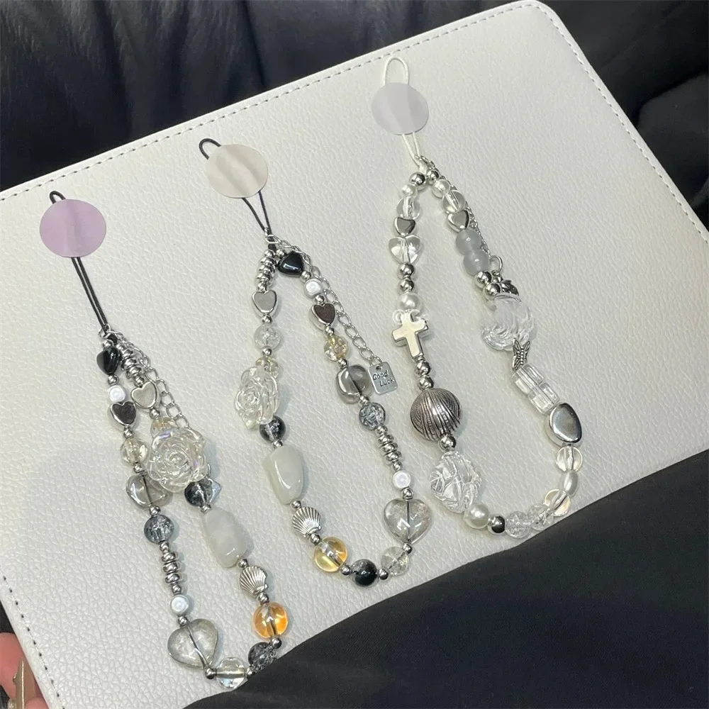 Korean Cute Flower Heart Bow Beaded Phone Chain Charm Lanyard For iPhone Xiaomi Samsung Universal Accessories Jewelry Pendant