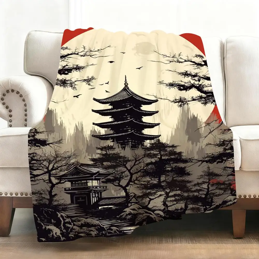 Japanische Landschaftsüberwurf, weiche Flanelldecke, warmes Knie, hautfreundlicher Überwurf für Sofa, Büro, Bett, Reisen, Winter, Übergröße