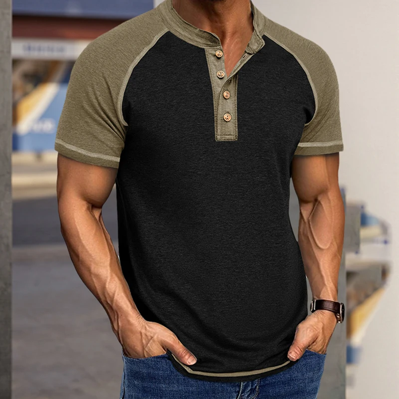 

Men's Contrast Color Henley Shirts Raglan Short Sleeve Button Front Slim Fit Tops Summer Shirts