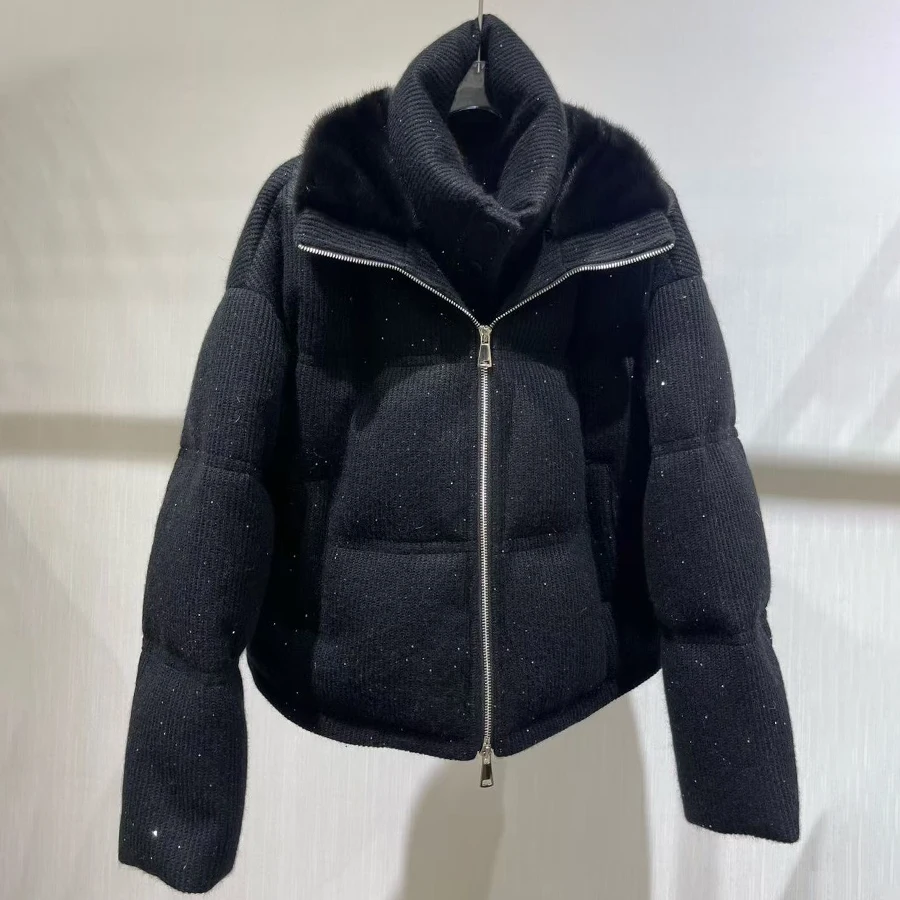 Women's Goose Down Jackets Short Black Puffer Coat Cashmere Down Coat With Zipper Fashion Winter Warm Jacket