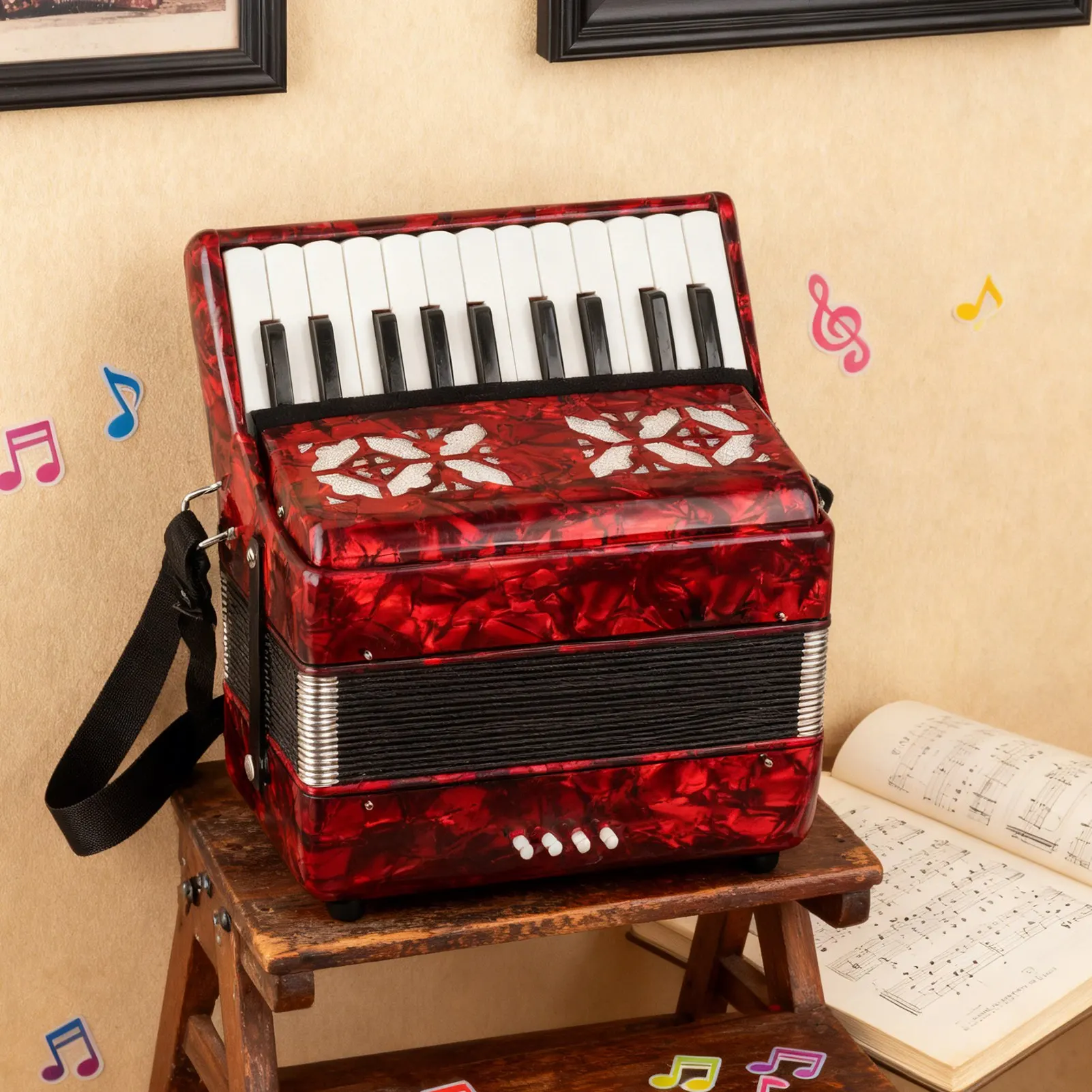 22‑Key Accordions Portable Fine Workmanship Piano Accordion 8 Bass AR-80 with Strap for Playing for Beginner