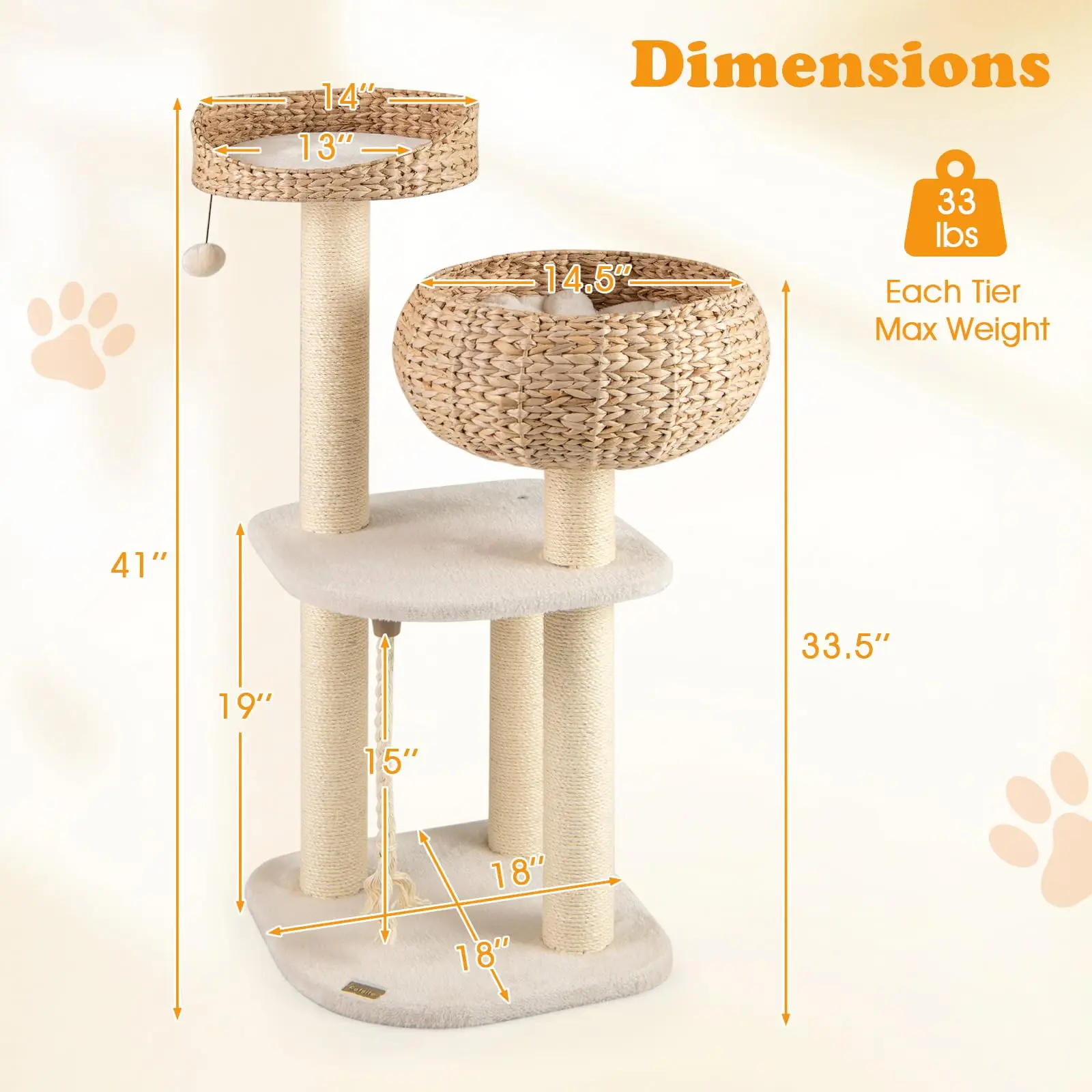 41-inch Modern Cat Tree, Multi-Level Woven Cat Tower, Beige