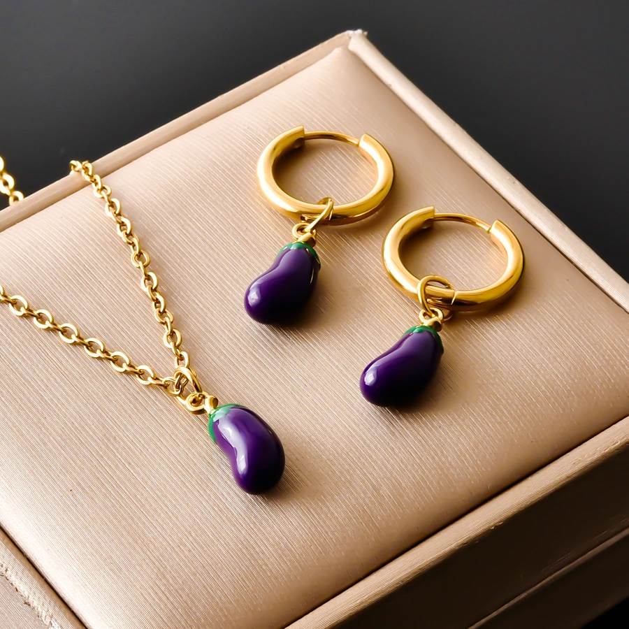 Funny 18k Real Gold Plated Chili Pepper Dog Stereoscopic Enamel Jewelry Set Necklaces/Earrings For Women Girl Accessories Gifts