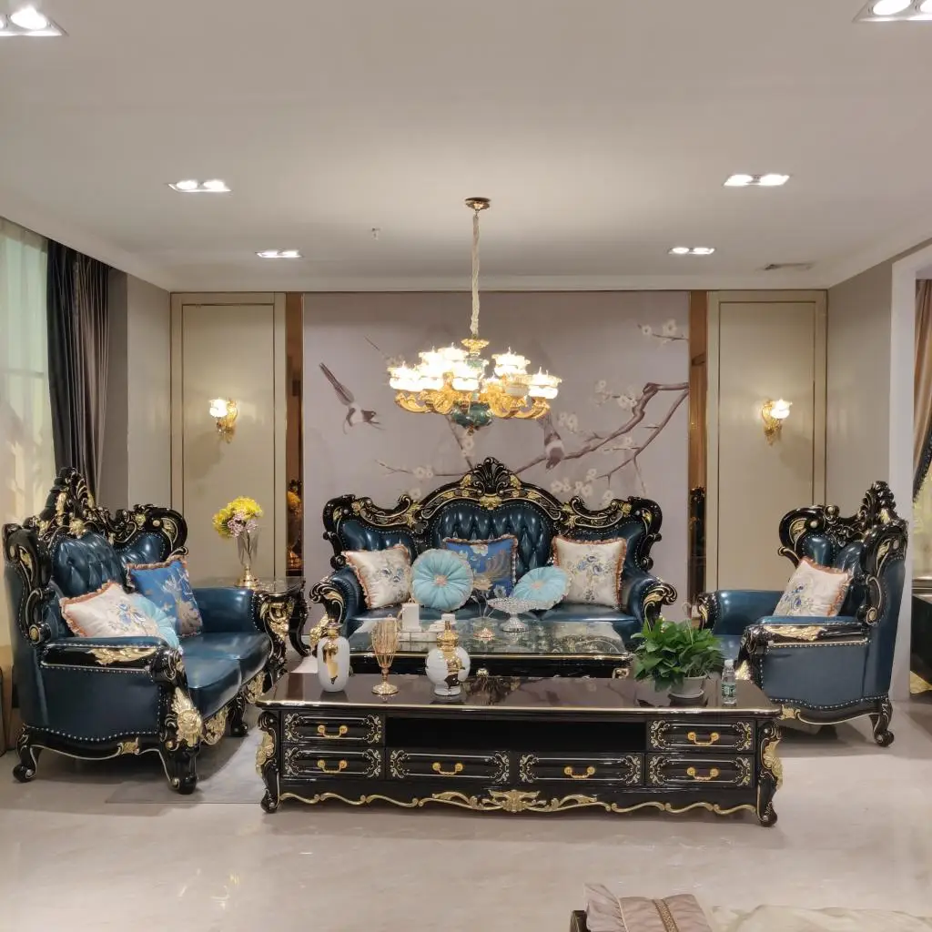 Factory Direct Luxury Hand Carved Wooden Tufted Leather European Style Living Room Sofa Set for Workshop