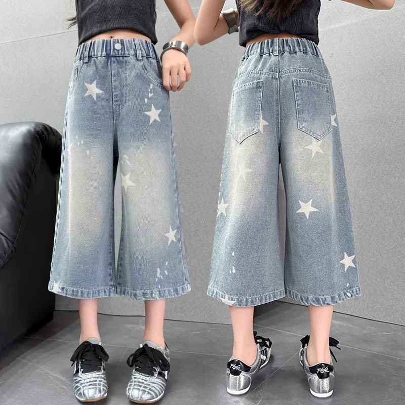 

Kids Summer Spandex Cropped Jeans Pants with Stars Print for Teen Girl Fashion Wide Leg Denim Pants Children Casual Jeans Capris