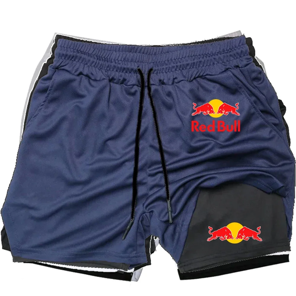 Red Bull Anime Running Shorts Men's Fitness Gym Training 2-in-1 Sports Shorts Quick drying Sports Slow Running Double layer Shor