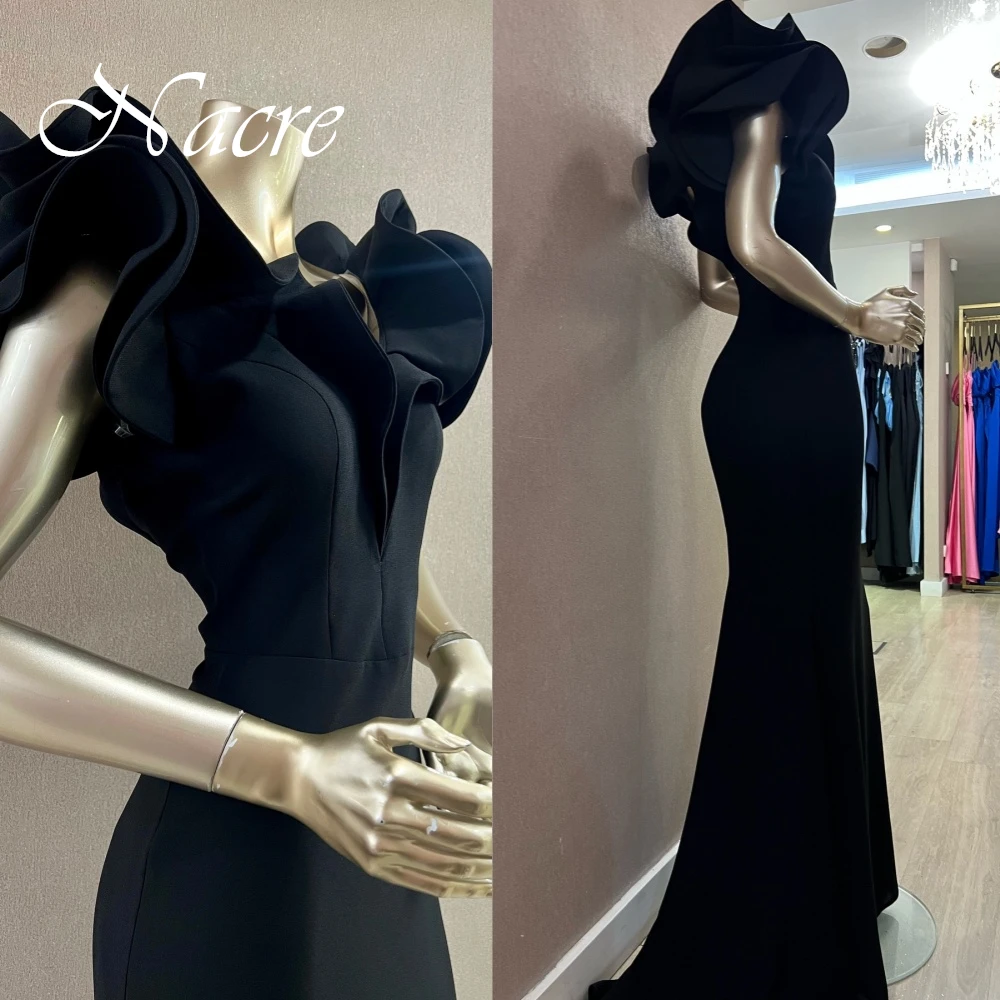 Personalizado requintado com decote em v ruched sem mangas vestido de noite temperamento preto sereia jérsei vestidos de baile clássicos vestidos de festa