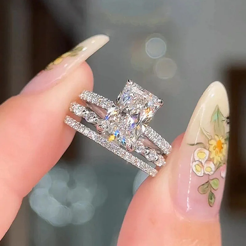 Gold Plated Coppers925Sterling Silver Super Sparkling Ice Flower Moissanite Ring Set High-Quality Light LuxuryinsCustom view 4