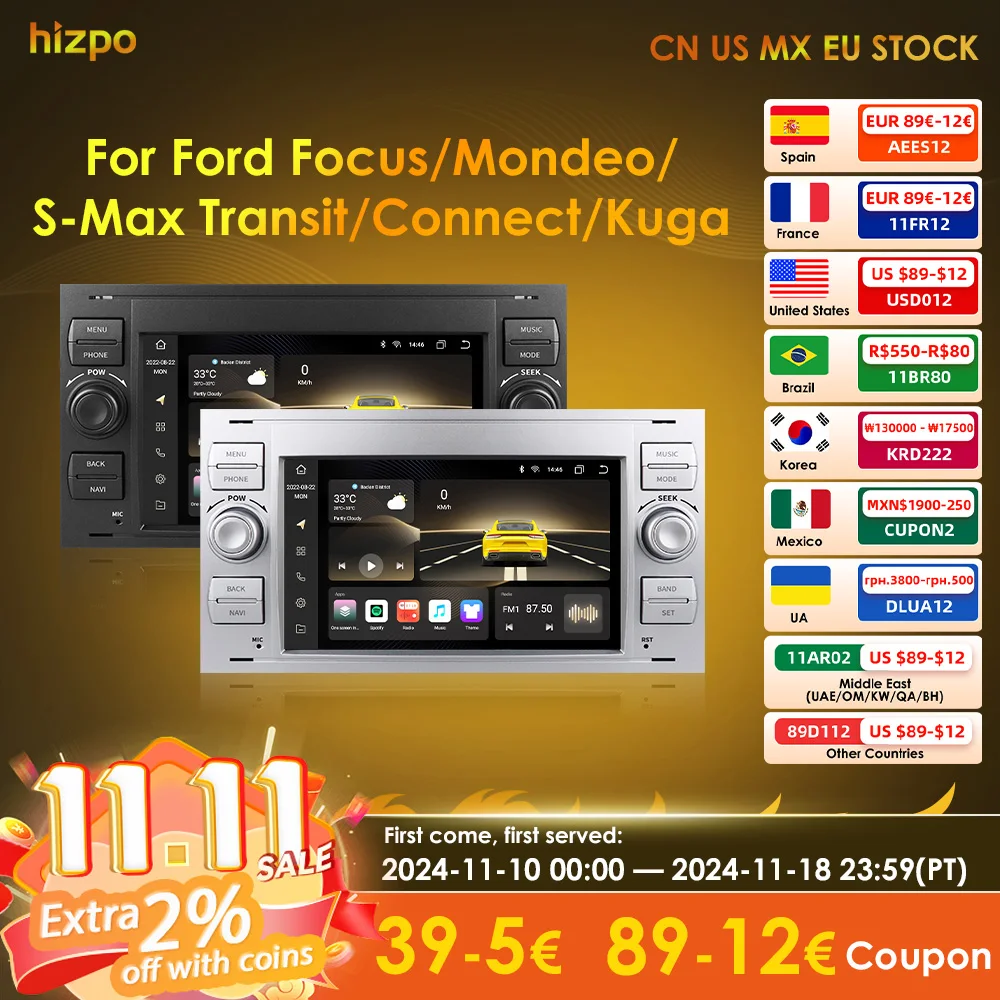 Hizpo 2 Din Android Autoradio Stereo GPS Carplay Car Radio For Ford Focus 2 Mondeo S/C-Max Kuga Fiesta Fusion Multimedia Video