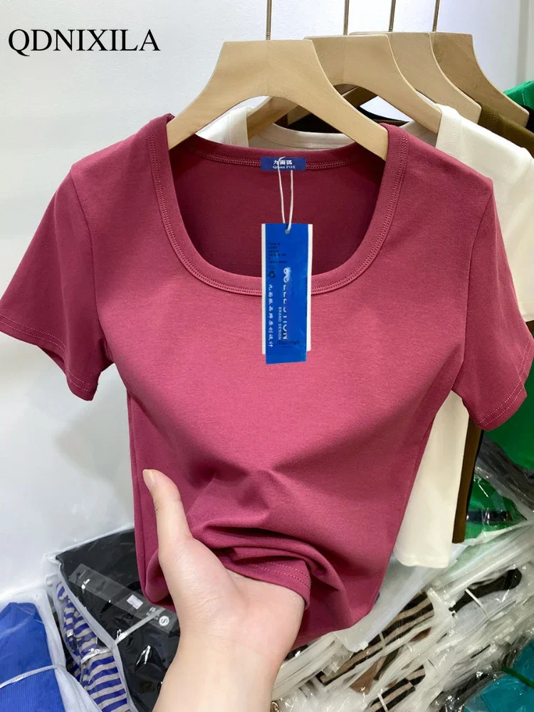 2024 Korean Fashion Summer Women's T-shirt Threaded Square Collar Short Sleeve Bottom Shirt Casual Thin Crop Top Female Clothing