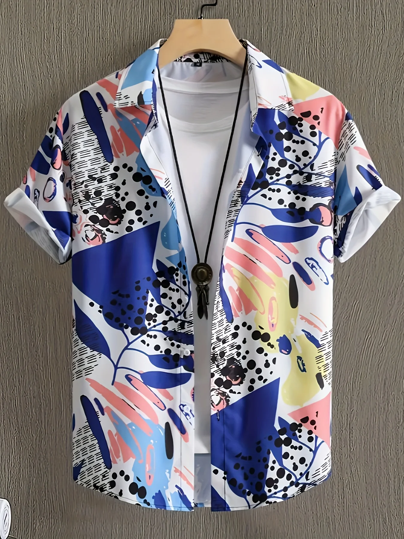 Men Color Splash Tropical Leaf Dot Art Print Cuban Collar Vacation Short Sleeve Shirt