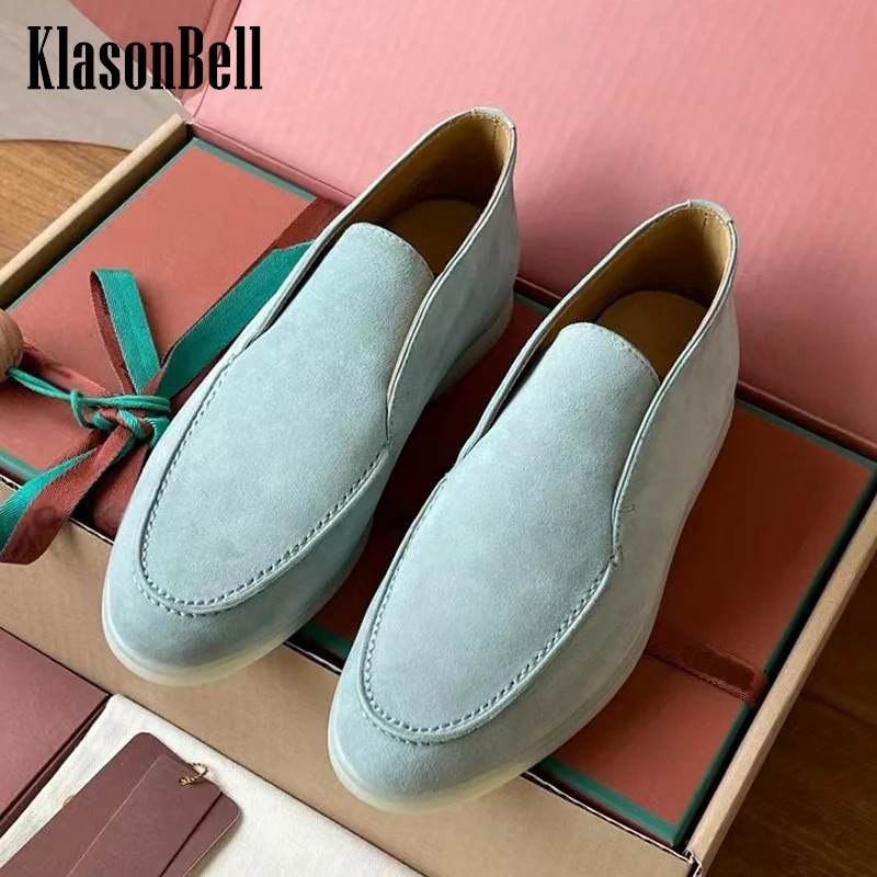 9.20 KlasonBell-Women Cow Suede Sneakers Sewing Round Toe Loafers Flat Sole Shoes Casual Genuine Leather Shoes