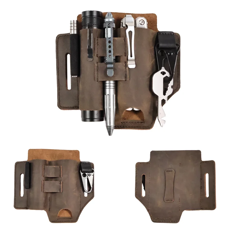 1pcFirst-layer cowhide tool set, camping flashlight with waist bag, keychain holder, multifunctional foldable knife cover