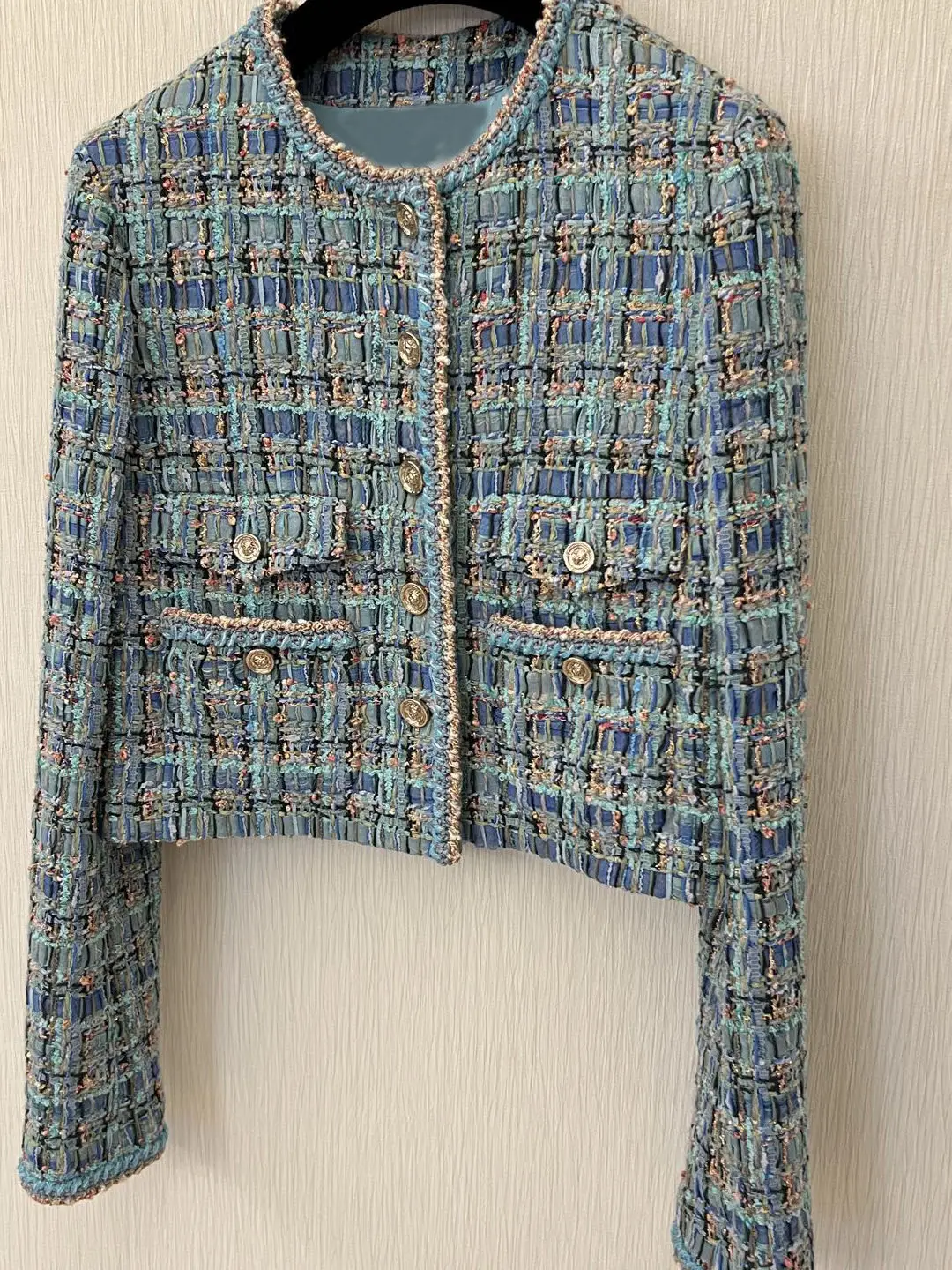 Women Chic Versatile Cropped Round Neck Single-breasted Tweed Jacket