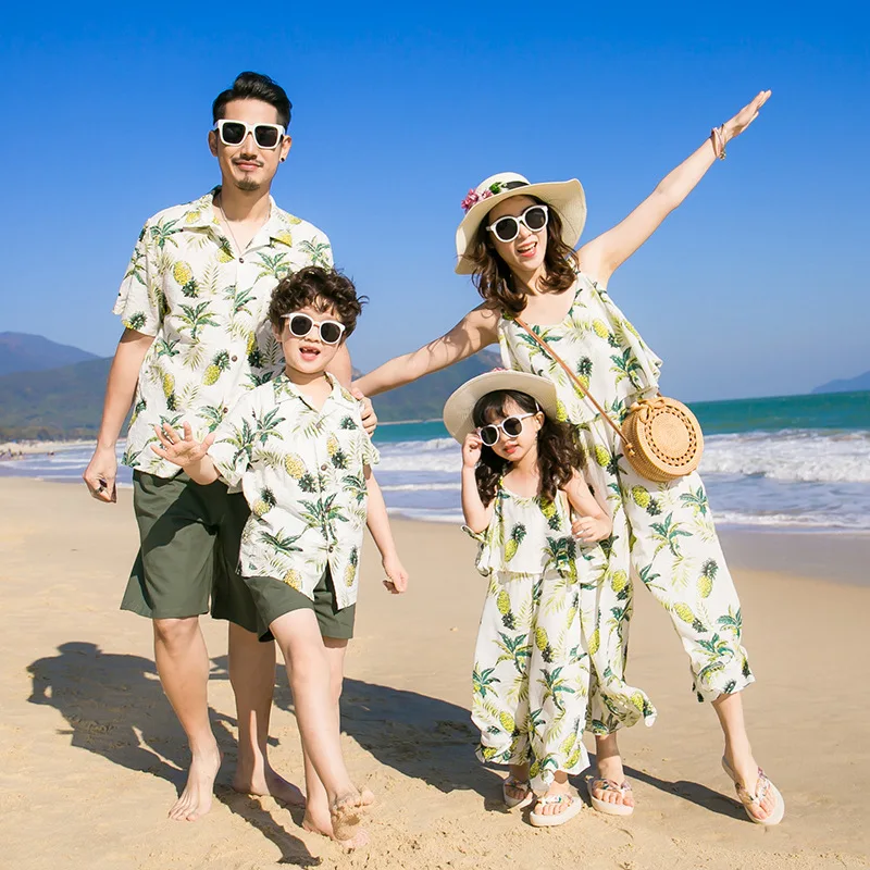 Family Matching 4Pcs Outfits Spaghetti Strap Jumpsuit for Mother Daughter Shirt Shorts Set for Father Son Beach Vacation Sets