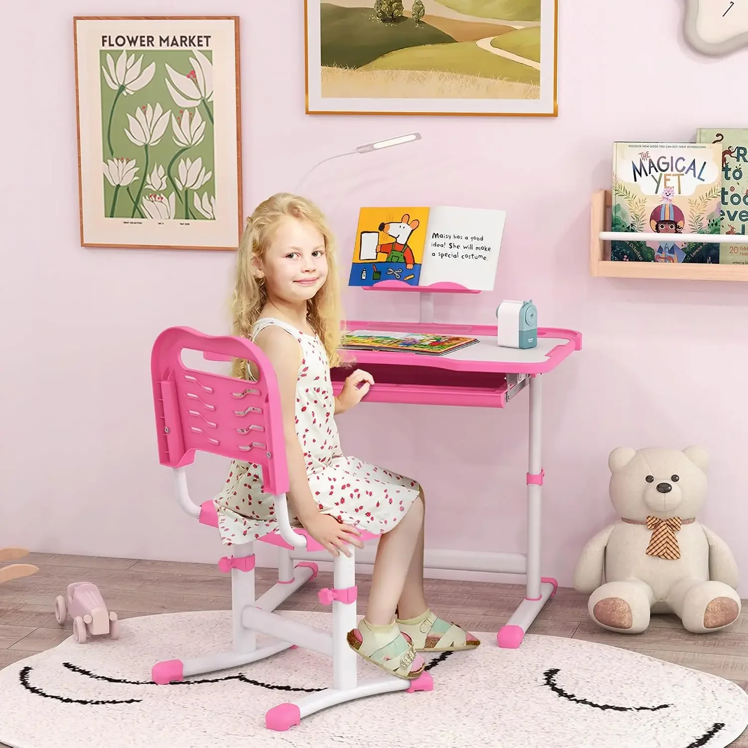 Kids Desk and Chair Set Height Adjustable Tilt Desktop Pink and White | School Desk Chair Set, USB Light, Storage Drawer