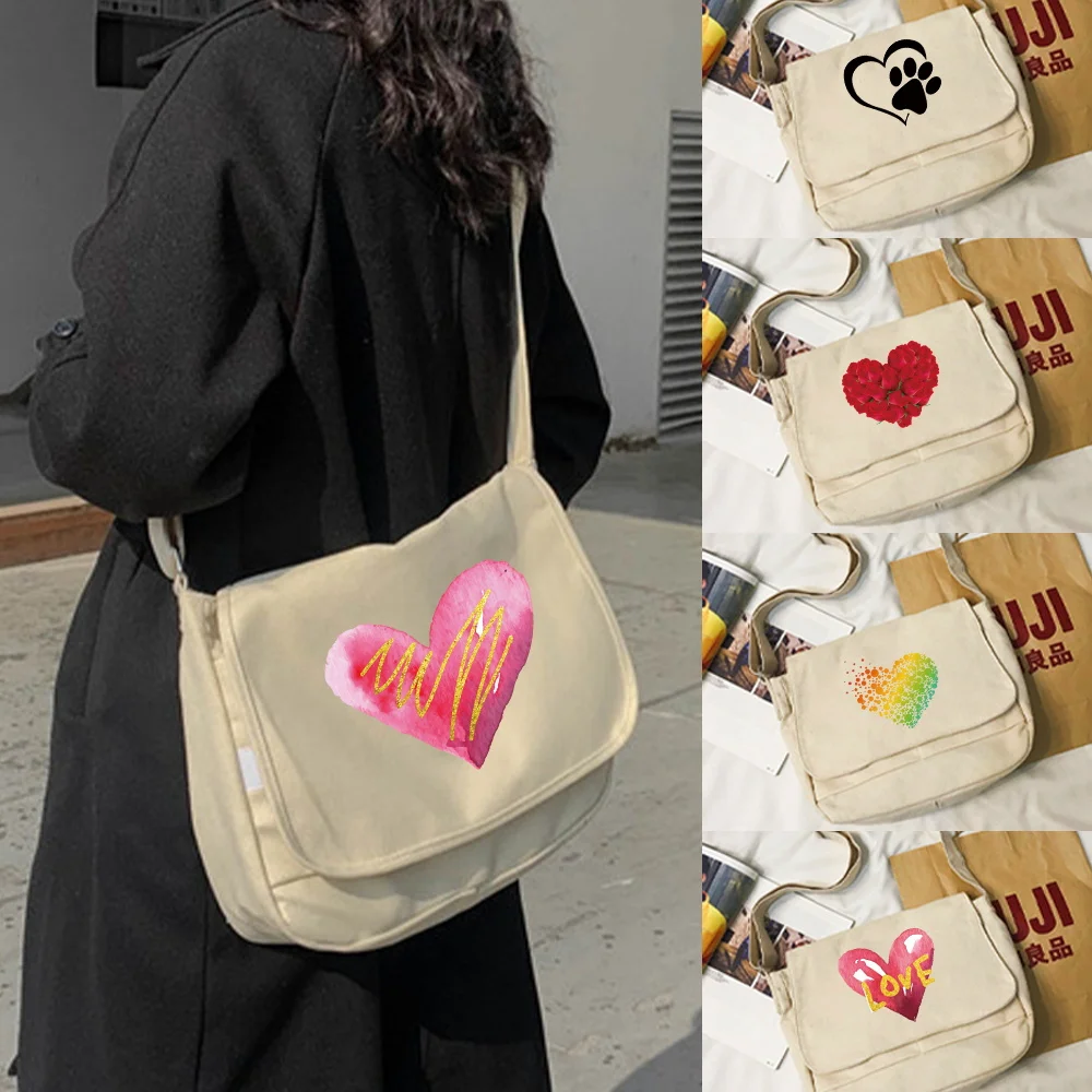 

Messenger Bag Love Printed Student School Korean Single Shoulder Hong Kong Style Retro Large Capacity Postman Women's Handbags