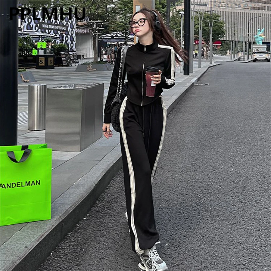 Side Stripe Casual Streetwear Tracksuits Irregular Korean Slim Short Jacket Coats Outfits Wide Leg Pants Spring 2 Pieces Sets